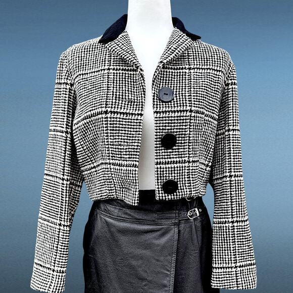 Vintage 60s Wool Houndstooth Cropped Blazer Black & White XS–S - Picture 12 of 16